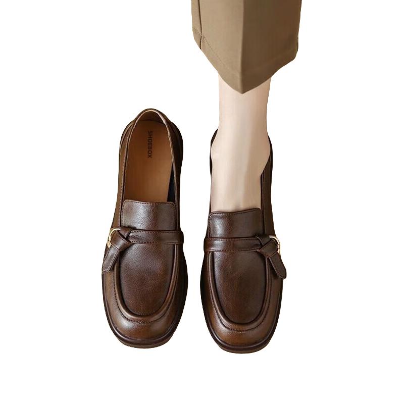 鞋柜（shoebox）达芙妮集团旗下英伦风软底皮鞋女2024软皮一脚蹬乐福鞋女百搭 深棕色 39