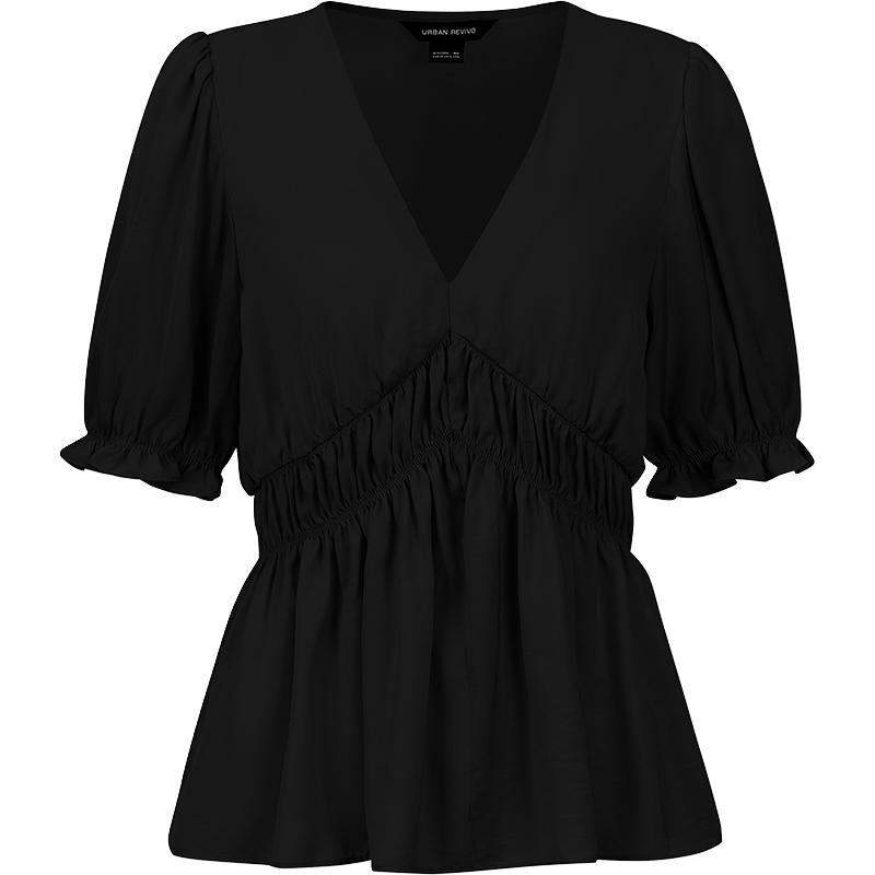 UR夏季女装法式气质泡泡袖捏褶V领罩衫衬衫UWG240100