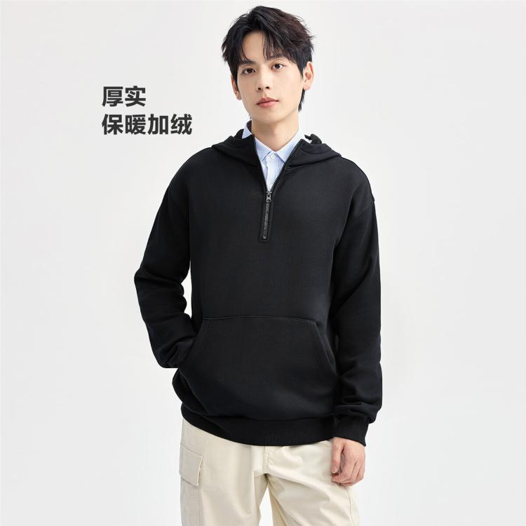 佐丹奴 秋冬袋鼠兜半开衫卫衣男宽松休闲百搭针织加绒连帽卫衣男士