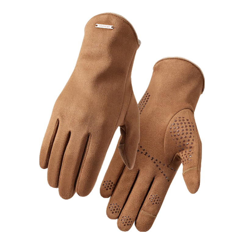 GOLOVEJOY冬季保暖防寒麂皮绒手套男士户外骑行加绒加厚防滑耐用触屏套 DY45;驼色