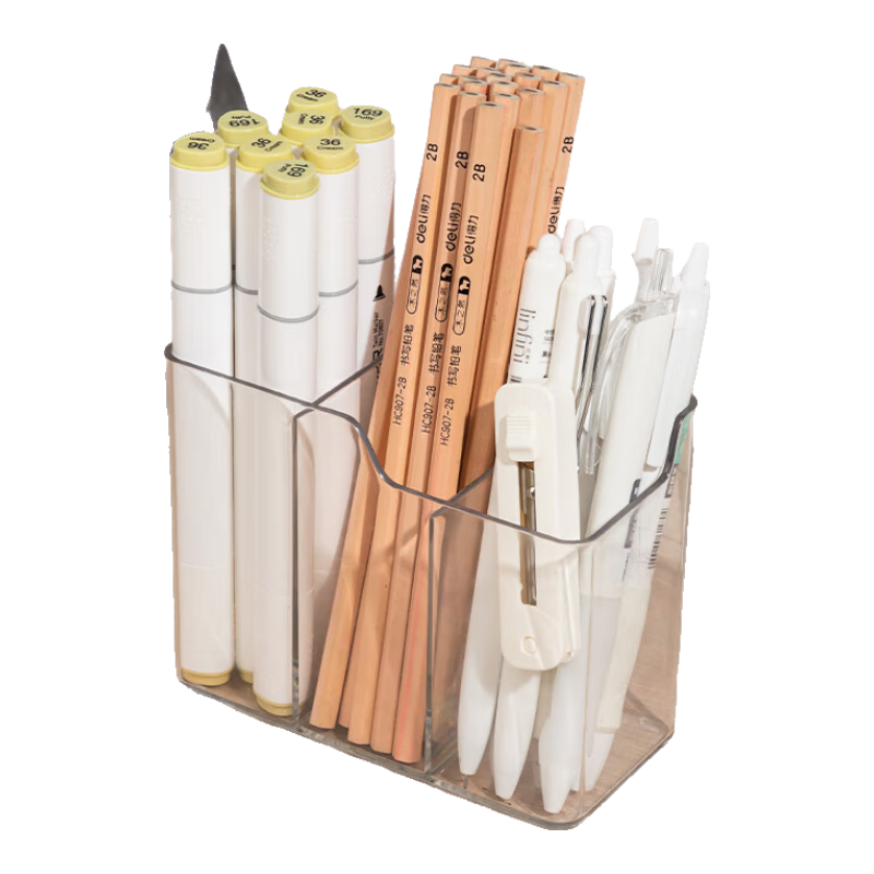 得力（deli）透明三格大容量笔筒高级轻奢办公桌面摆件多功能文具化妆品收纳盒 透明PK220