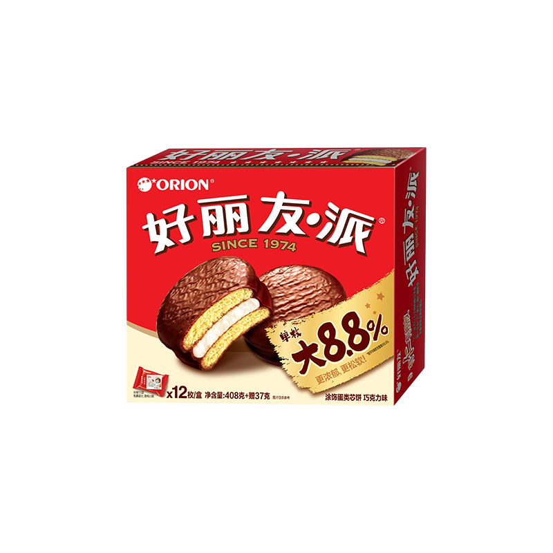 好丽友（ORION）派 巧克力派代餐办公室早餐面包休闲女生零食糕点心小吃 大包装 巧克力味【12枚】 408g