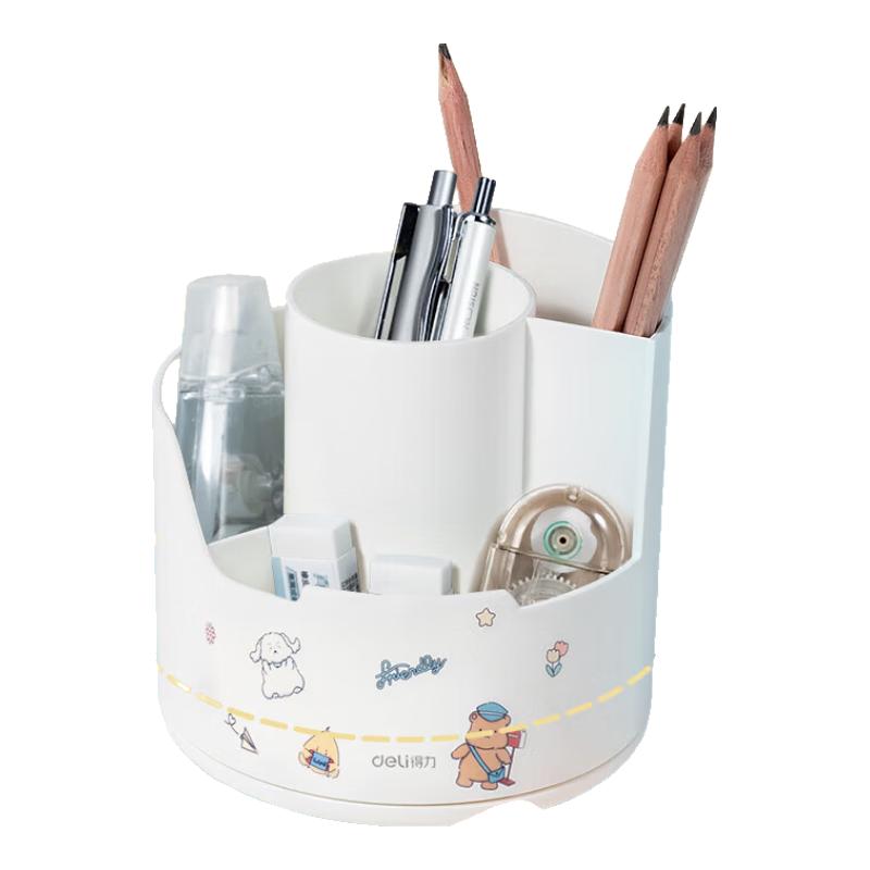 得力(deli)多功能分格旋转笔筒 大容量桌面收纳盒 手机支架 办公用品 可旋转白色PK414