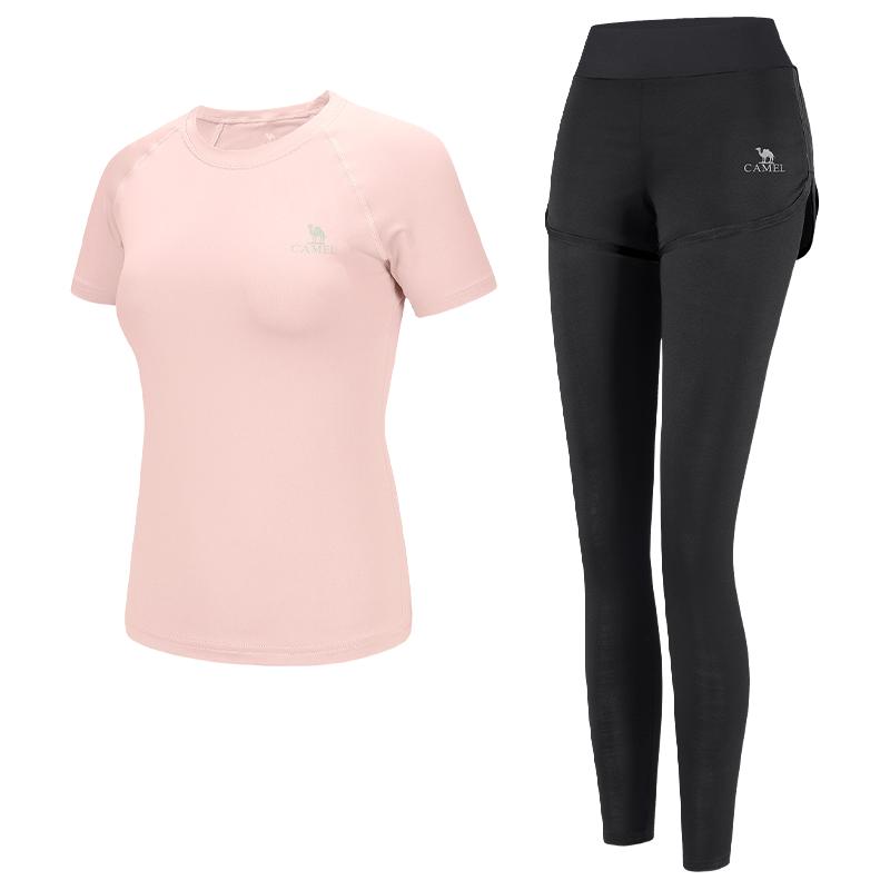 CAMEL骆驼瑜伽服女套装夏季服运动服跑步服户外晨跑短袖两件套
