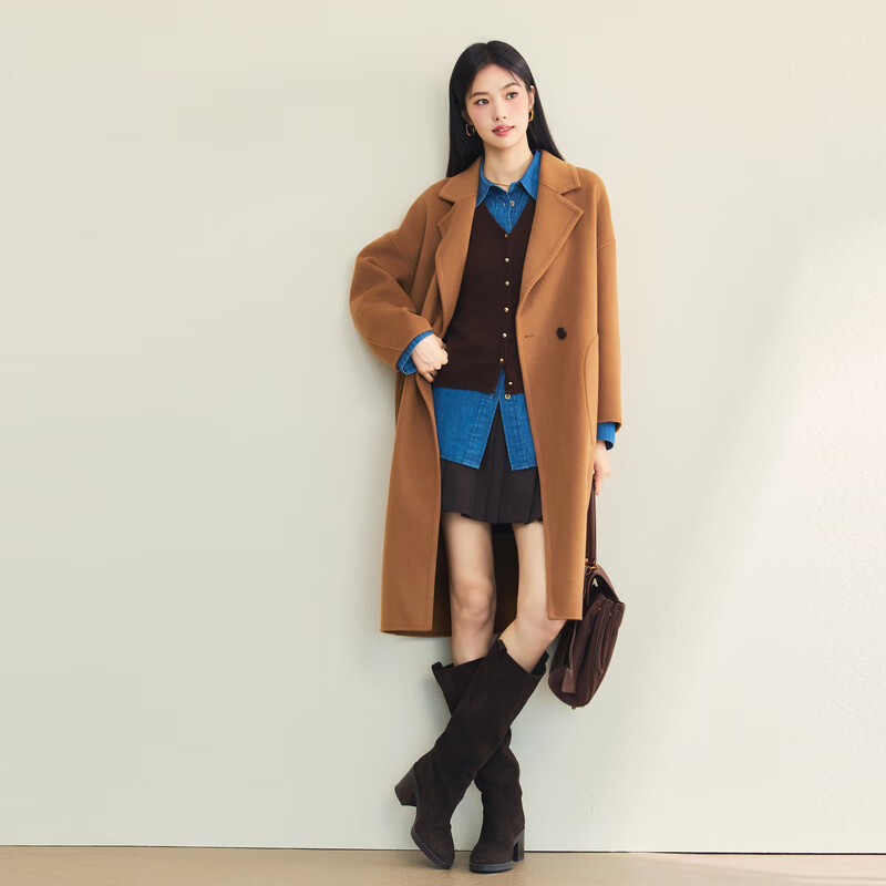 伊芙丽（eifini）伊芙丽10%羊绒驼色气质垂坠加厚双面呢羊毛大衣毛呢外套2025冬季 驼色 M