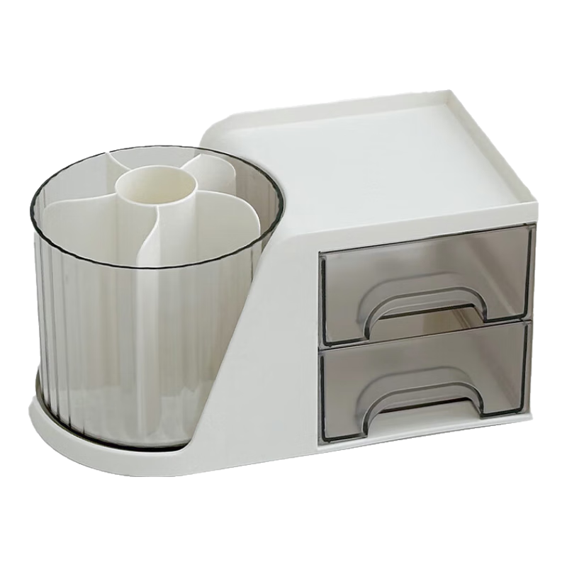 三年二班 笔筒收纳盒旋转笔筒大容量多功能办公室桌面儿童男生收纳笔筒高颜值女生化妆品桌面储物盒 白色三合一旋转笔筒+4张可爱贴纸