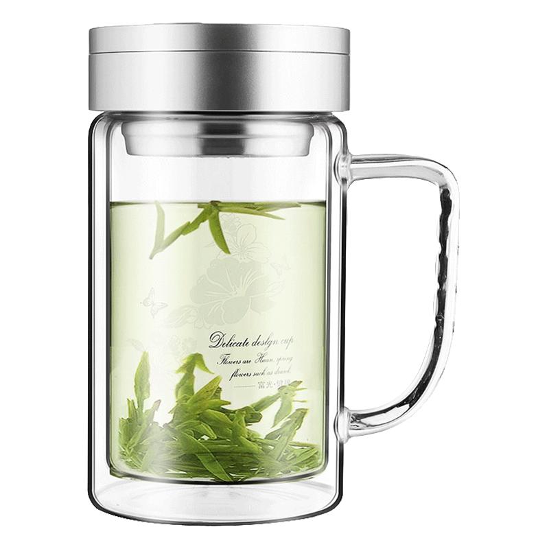 富光 健牌双层玻璃杯支持团购定制茶杯办公杯带把 大容量男女水杯