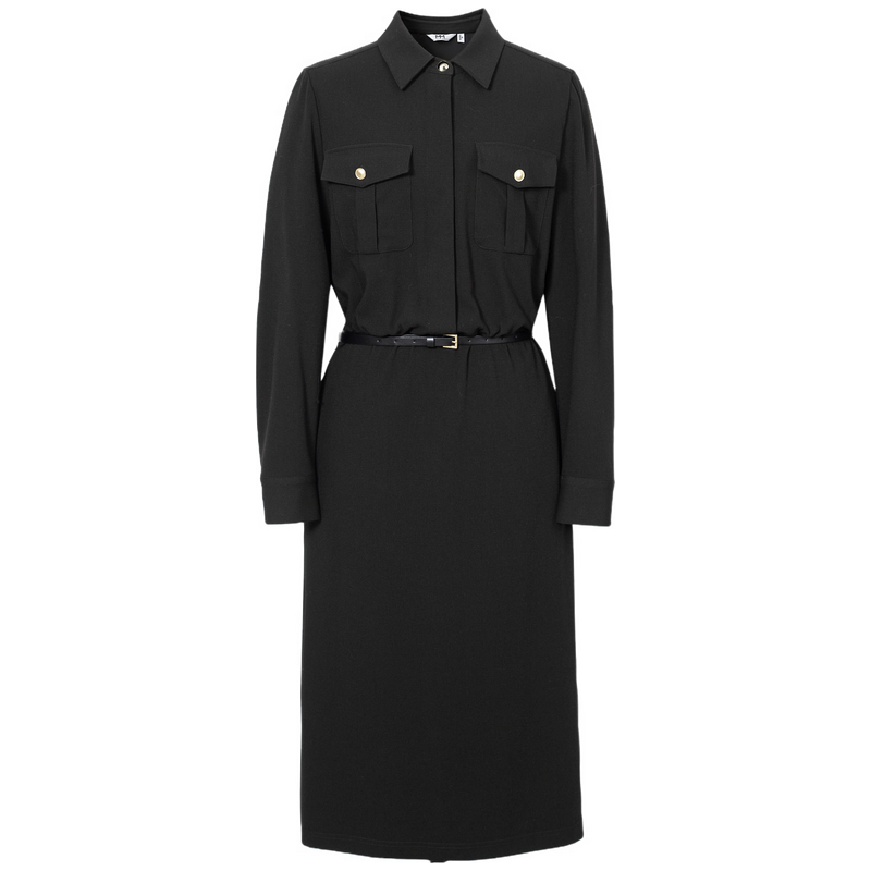 MM麦檬秋冬通勤黑色polo领收腰连衣裙女