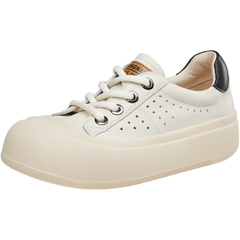 秋款牛皮女休闲鞋镂空舒适面包鞋厚底大头鞋通勤百搭板鞋女鞋