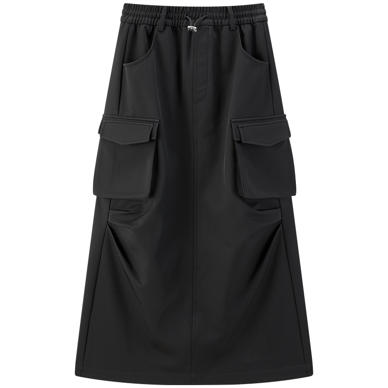 【加绒工装长裙】24冬工装风中长款半身裙大口袋可抽绳黑色长裙女