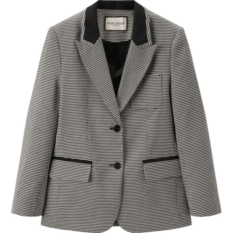 冬季时尚拼色千鸟格西装外套女舒适通勤风