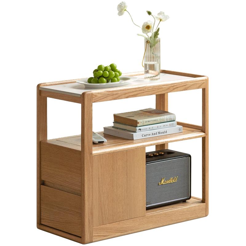 YESWOOD 源氏木语 轻奢沙发边柜侧边柜岩板边几角几实木北欧客厅窄移动边桌 原木色橡木(鱼肚白岩板)