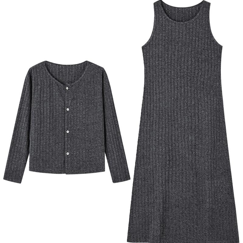 【乖乖女】24秋新懒人免搭套装A字连衣裙针织开衫两件套女时尚