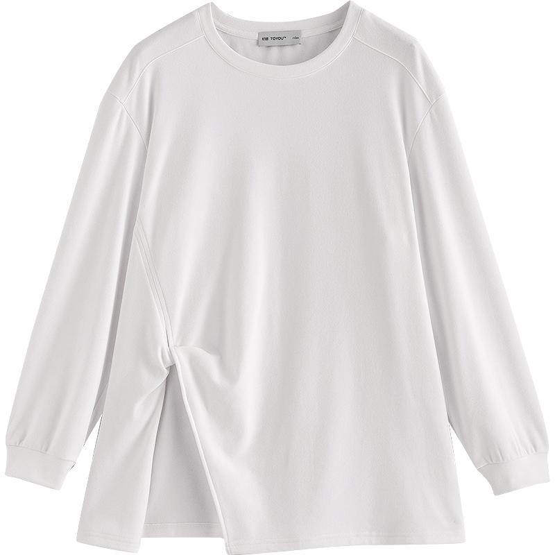 初语T恤女2025冬季宽松纯色设计感扭结高开叉舒绒保暖上衣 米白色 M