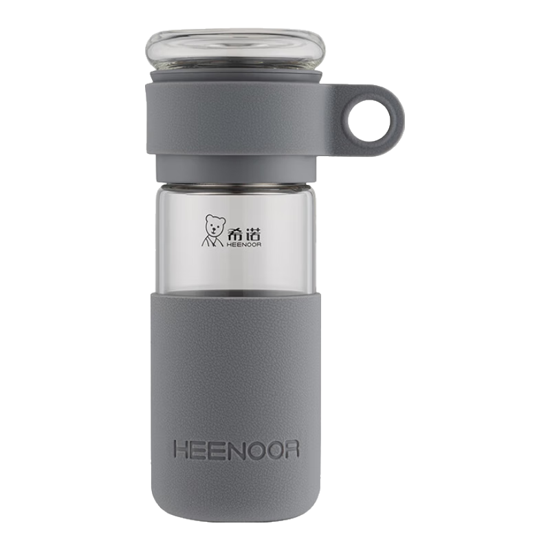 希诺（HEENOOR）茶水分离玻璃杯男女士单层泡茶杯带滤网大容量透明水杯带提环杯套 -精英灰460ml