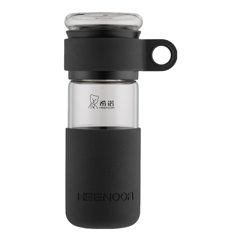 希诺（HEENOOR）茶水分离玻璃杯男女士单层泡茶杯带滤网大容量透明水杯带提环杯套 -经典黑460ml
