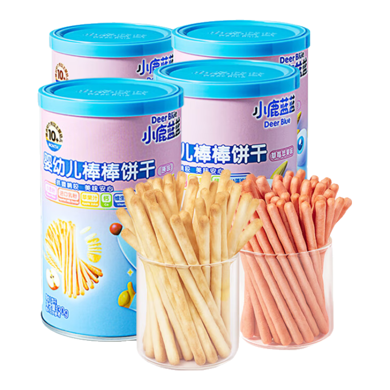 小鹿蓝蓝_棒棒饼干宝宝零食婴幼儿饼干10个月乳粉口味清淡 原味2罐+草莓苹果味2罐