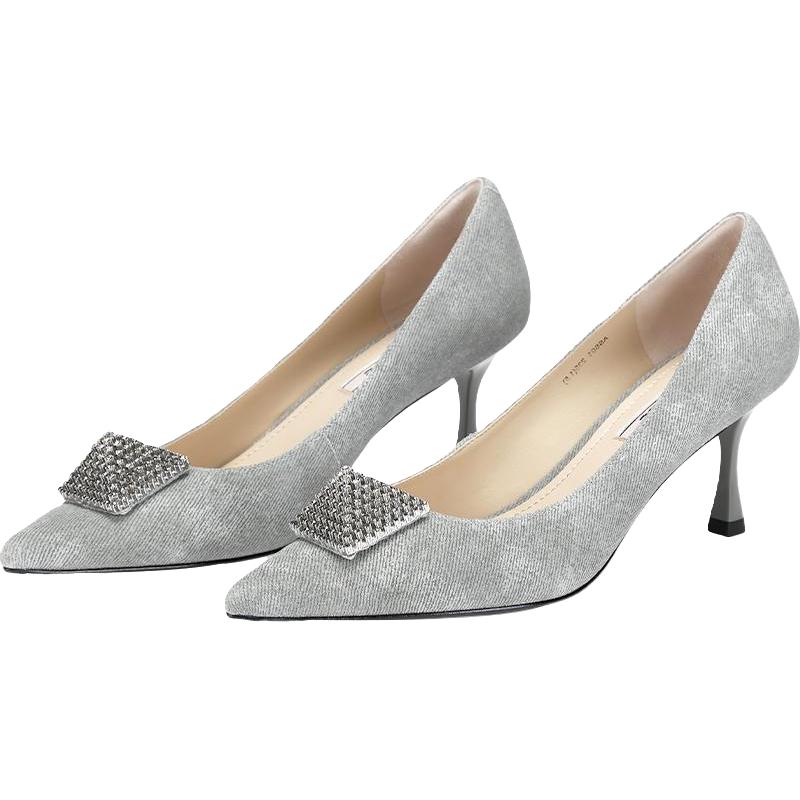 73hours女鞋巴黎晚宴秋季法式尖头灰色复古高跟鞋女通勤单鞋