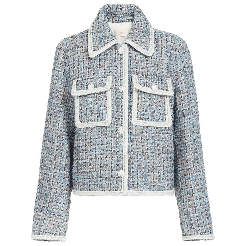 欧时力 冬装 法式撞色金葱珠片纱小香风羽绒外套女