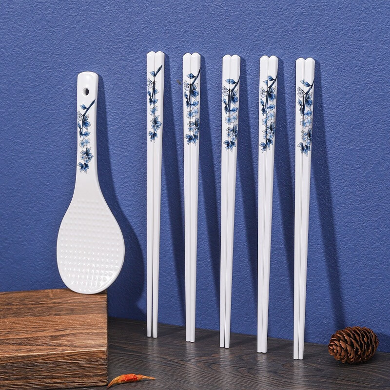 DOUTENG青花瓷筷子酒店餐厅家用陶瓷筷子耐高温防霉易清洗不掉色筷子 青花百鸟陶瓷筷子（+送1饭勺 10双