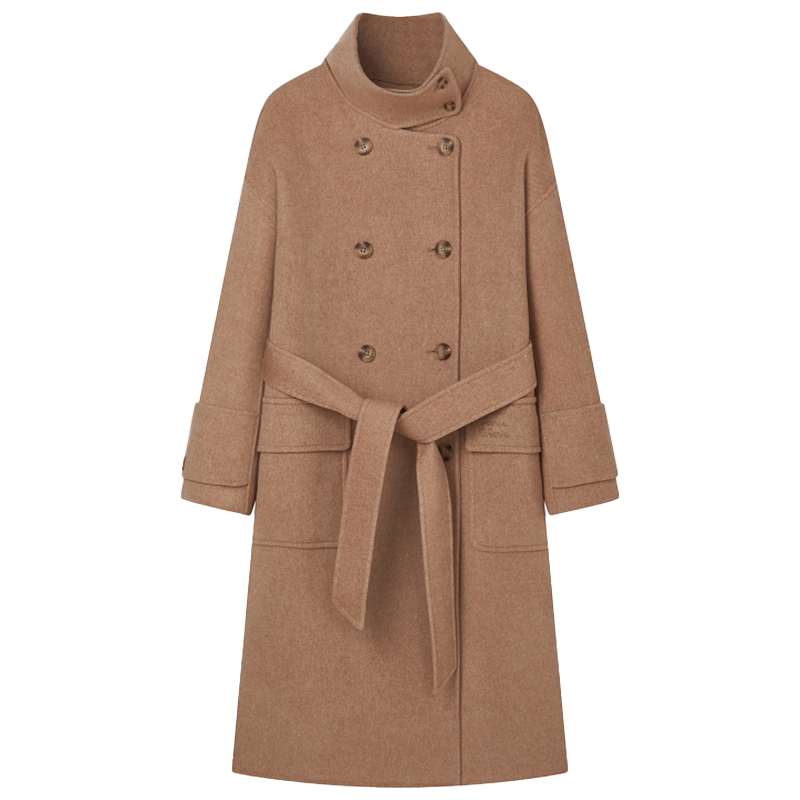 小熊早秋绵羊毛立领中长双排扣宽松呢子大衣