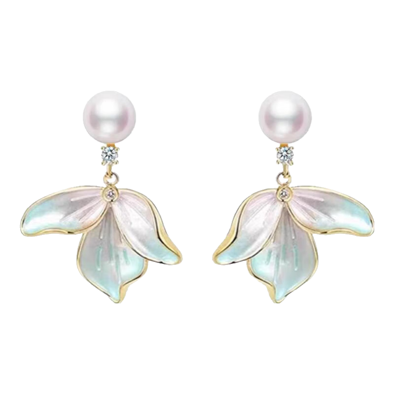 VENUS ADELINE甜美花瓣长款耳钉女银针淡水珍珠耳环仙气清新叶子耳饰 闺蜜 银针首饰实用浪漫礼盒