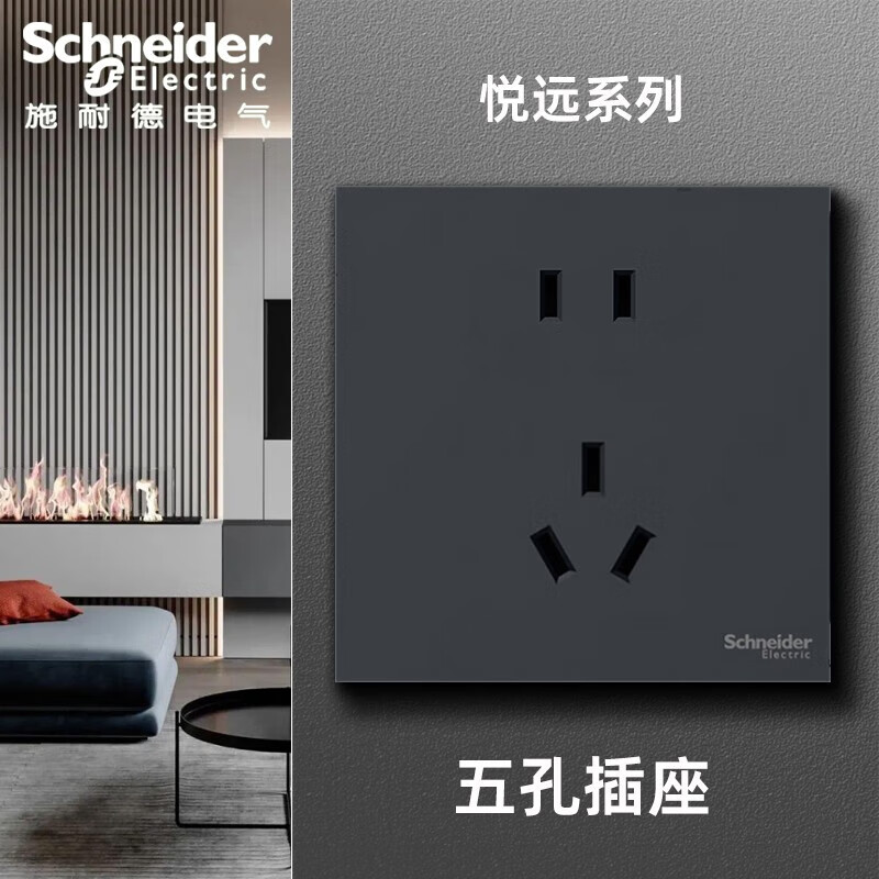 施耐德（Schneider）开关插座面板 悦远系列 深空灰色 黑色86型斜五孔暗装墙壁电源