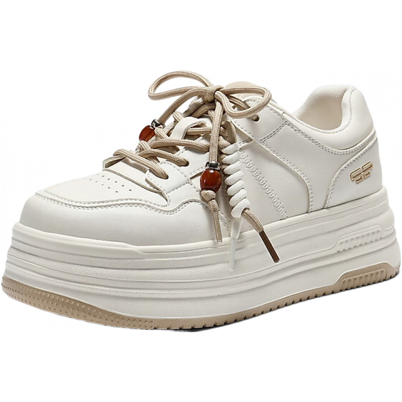 百丽（Belle）时尚串珠小白鞋女2026春厚底增高休闲板鞋F1D1DAM6 米白 36 (230mm)