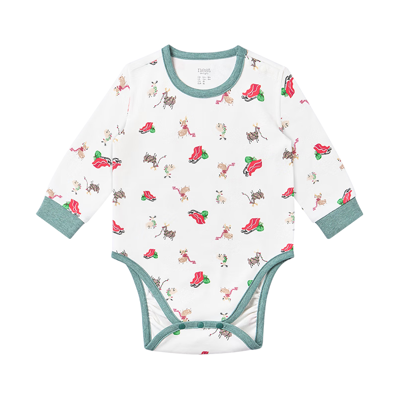 nest designs圣诞系列婴儿包屁衣长袖和尚衣秋冬连体纯棉宝宝爬服 雪橇日记 100cm 套头款（身高90-102cm)