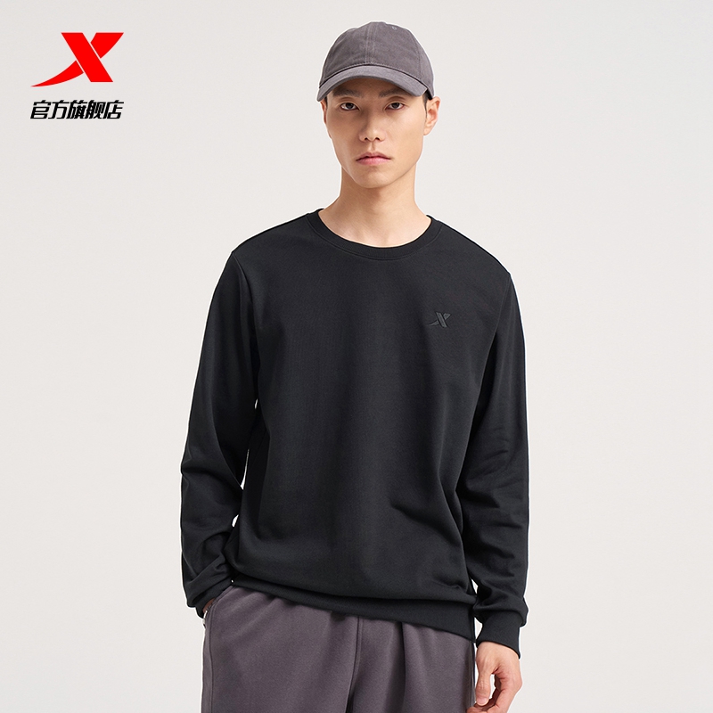 特步运动卫衣卫裤男款针织加绒保暖运动裤长裤圆领卫衣运动套头衫