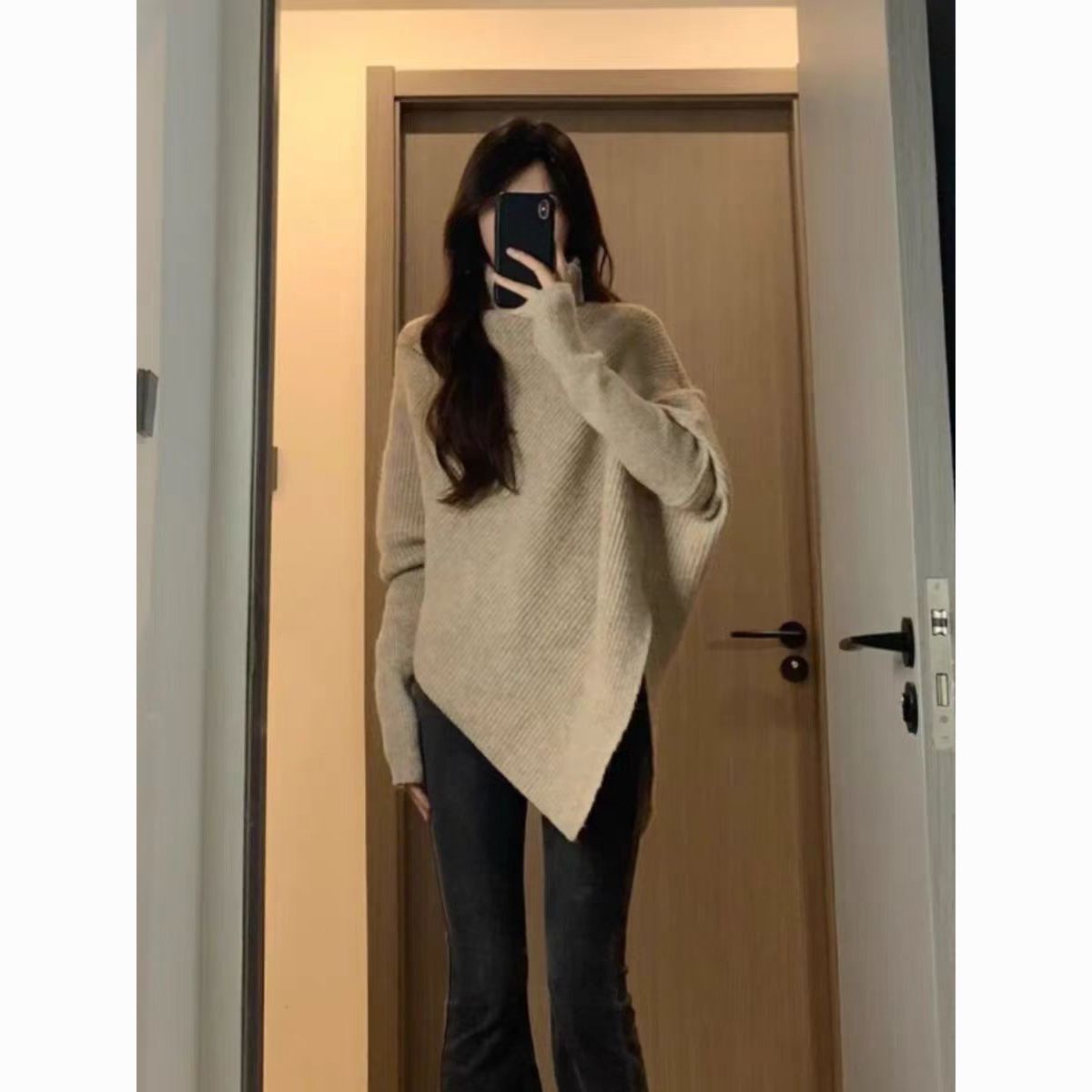 高领不规则小众设计毛衣韩版针织衫宽松慵懒高领上衣