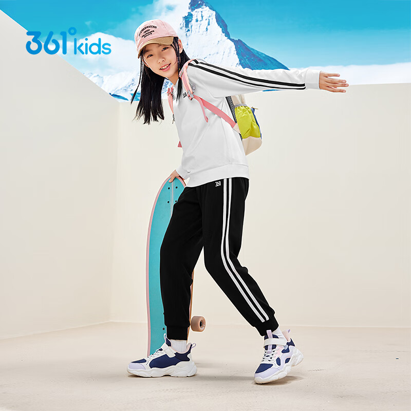 361°童装男女童针织套装年秋冬季通码运动套装 本白/经典黑 170cm