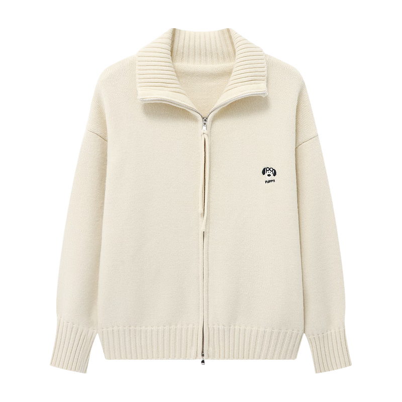 Basic House/百家好翻领双头拉链毛衣冬加厚时尚小狗刺绣开衫外套 白色 S