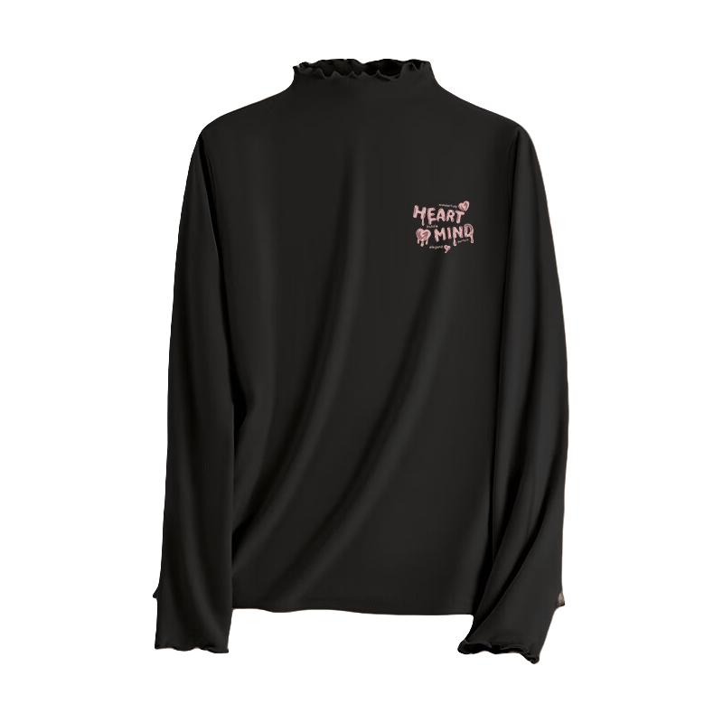 真维斯（JEANSWEST）木耳边打底衫女内搭长袖t恤2025秋冬季可外穿双面绒保暖内衣 黑色 心灵粉_K S