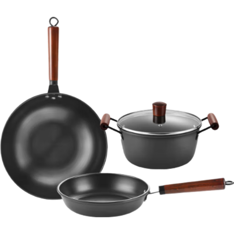 网易严选家用铁锅锅铲炒勺套装精铁超轻锅组合装煤燃气灶适用 炒+煎+汤锅3件套