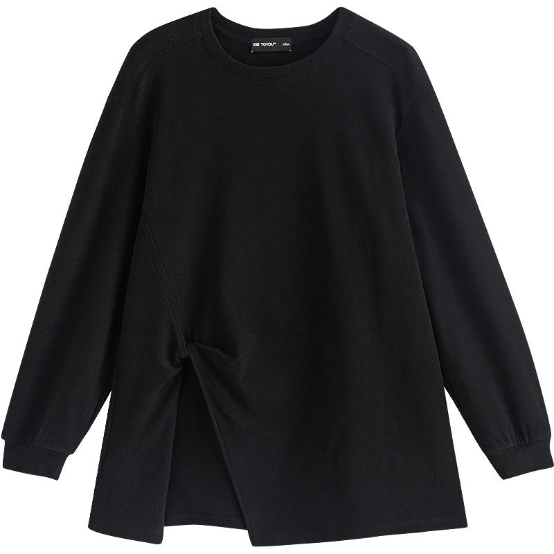 初语T恤女2025冬季宽松纯色设计感扭结高开叉舒绒保暖上衣 黑色 L