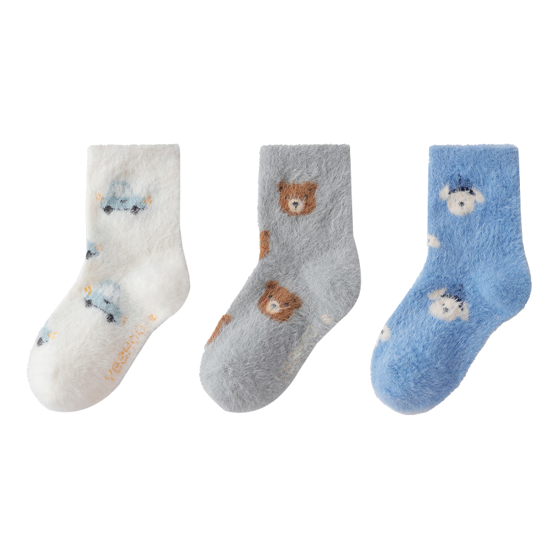 英氏3双装儿童袜子秋冬加厚水貂绒远红外保暖7A抗菌消臭袜 摩登小熊 【三双装】 3双 9-12岁 (L)