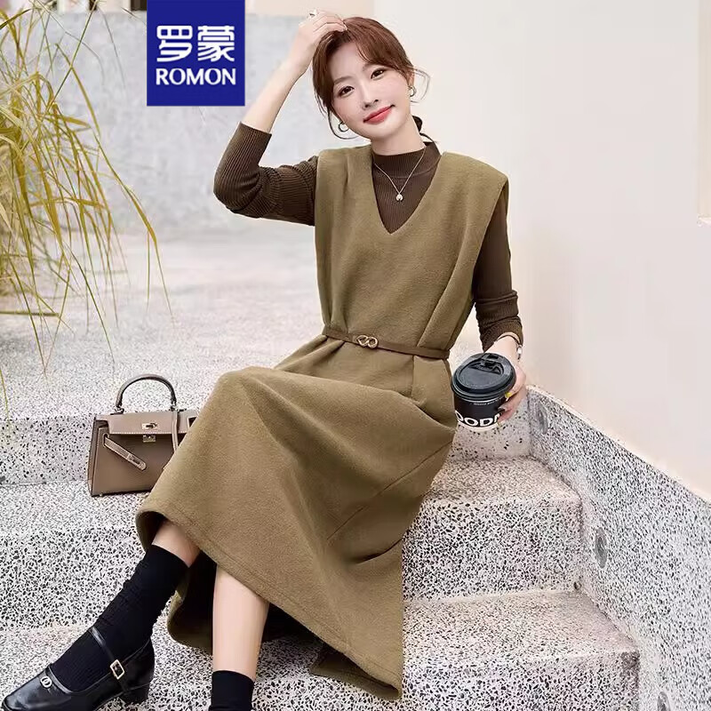 罗蒙时尚毛衣毛呢背心裙套装2025秋季高级感气质垂感连衣裙两件套 卡其色 S （95-105斤）