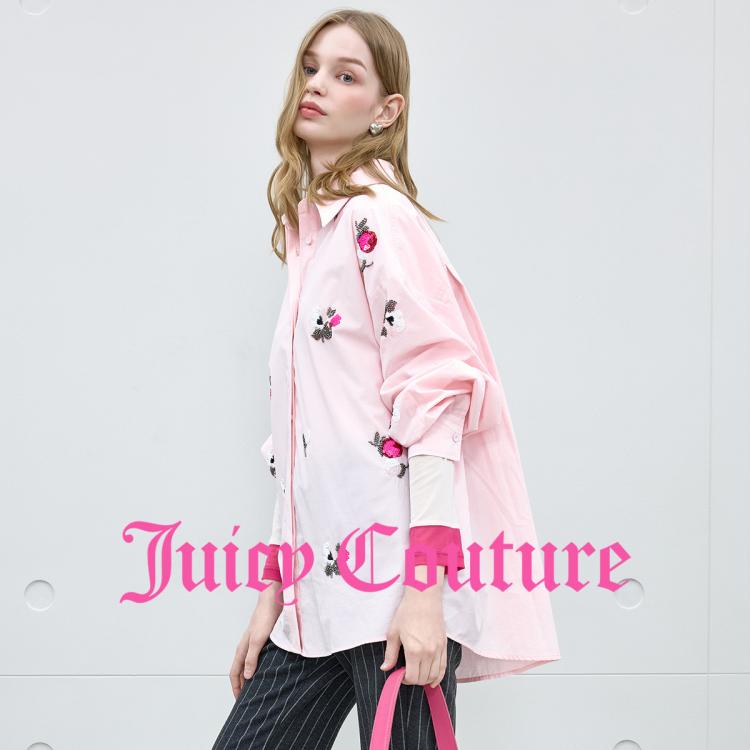 JUICY COUTURE 橘滋衬衫女2025年秋冬粉色刺绣气质长袖上衣花语绽放