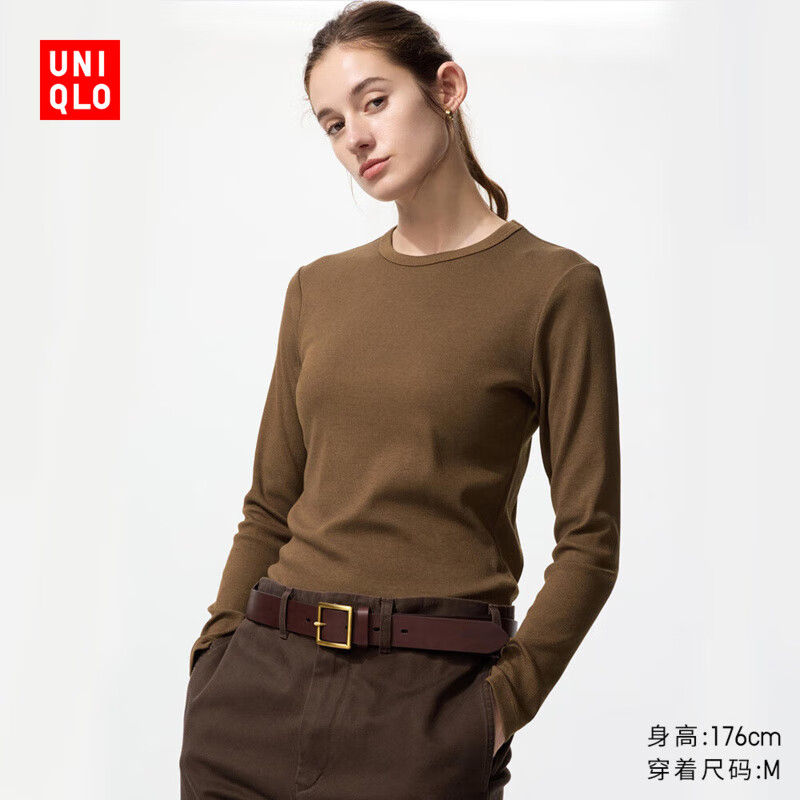 优衣库女装柔软罗纹圆领T恤长袖纯色基础款479590 36 褐色