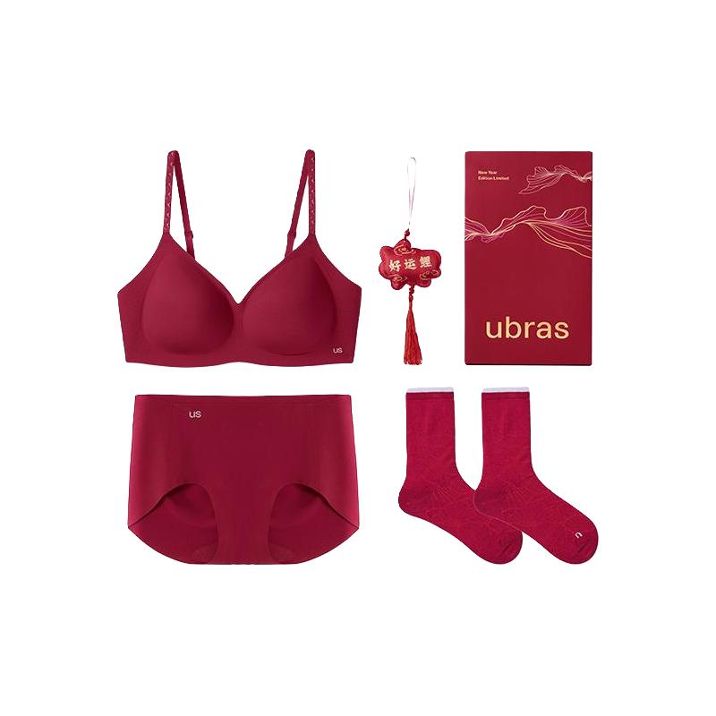 Ubras 红盒无尺码公主领本命年红色文胸内裤袜子内衣套装红品礼盒