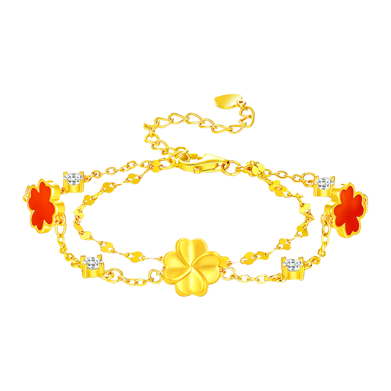 老凤祥四叶草黄金手链女款足金手链女结婚 足金四叶草+S925银双层手链+至臻心意玫瑰礼盒