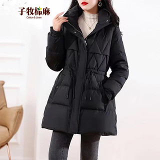 子牧棉麻2025冬装 女时尚棉衣中长款修身气质连帽棉服长袖外套5688 咖啡色 L (建议115-125斤)