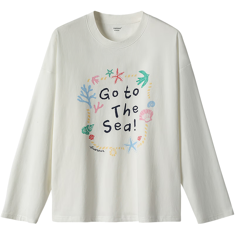 茵曼（INMAN）白色卡通字母印花T恤2026春季女装百搭宽松插肩袖上衣 白色 S