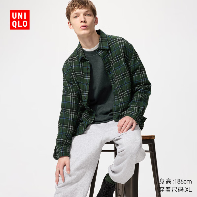 优衣库男女装法兰绒格子衬衫长袖衬衣薄外套480769 58 深绿色