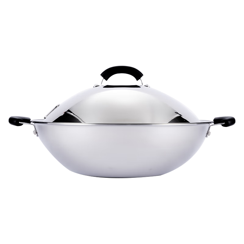 美亚（MEYER）SilverStone思乐顿无涂层三层复合不锈钢炒锅圆底平底爆炒炒锅 不锈钢炒锅【电磁炉通用】 38cm