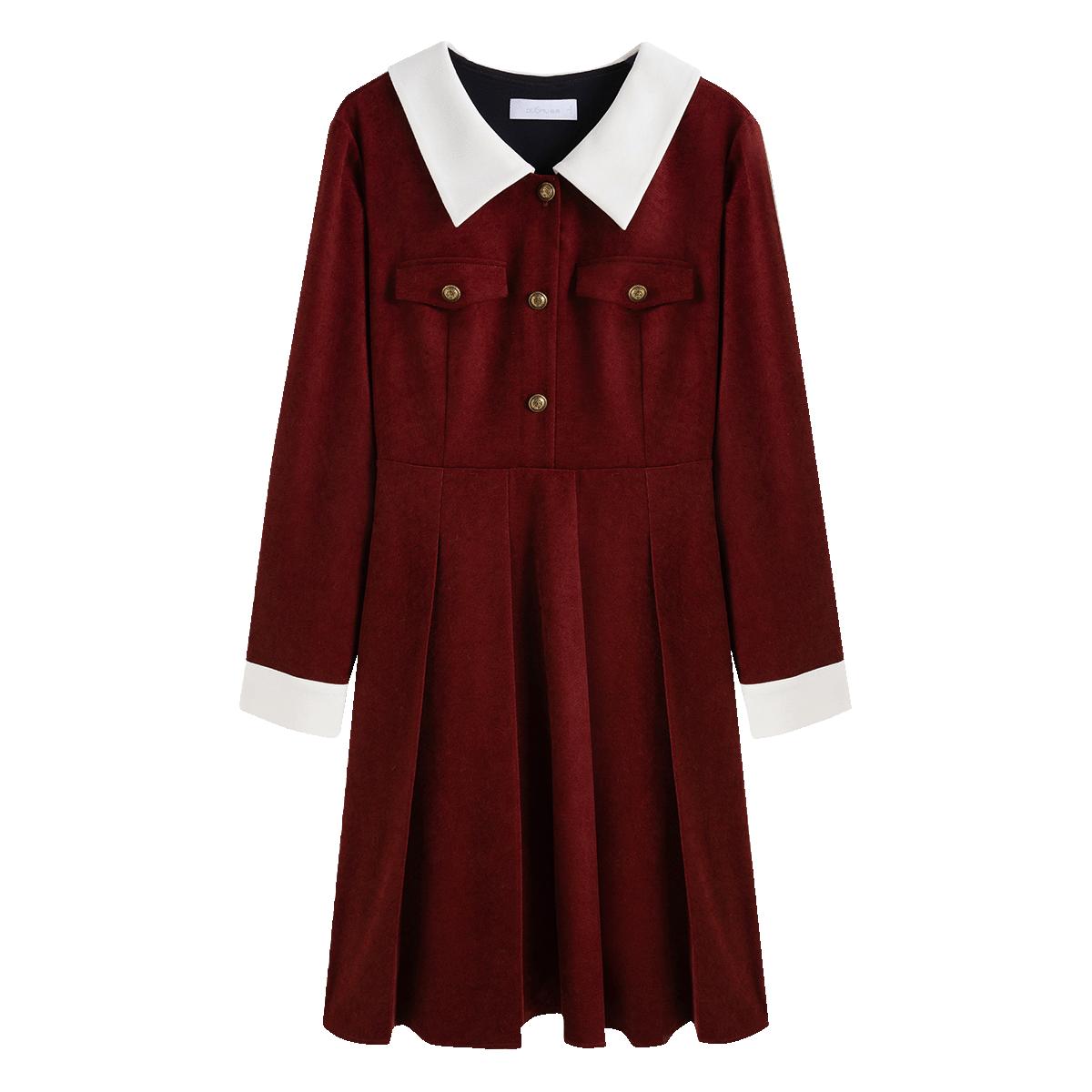 大码【短款】撞色高腰连衣裙2024冬氛围感穿搭A字裙