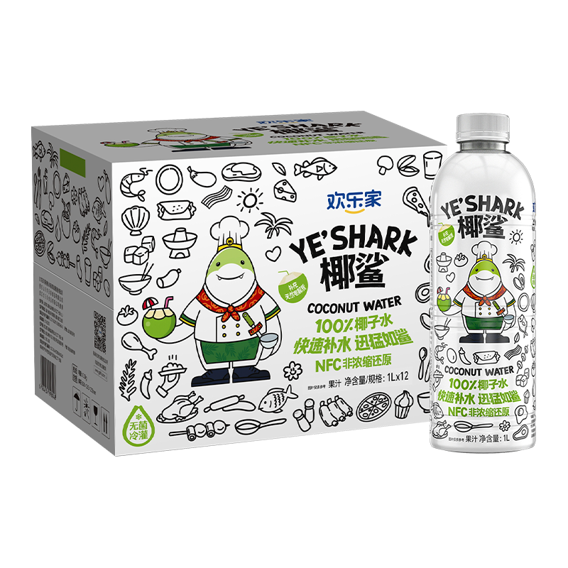 欢乐家【奥尼尔】椰鲨100%椰子水1L*6 果汁饮料富含电解质NFC整箱装