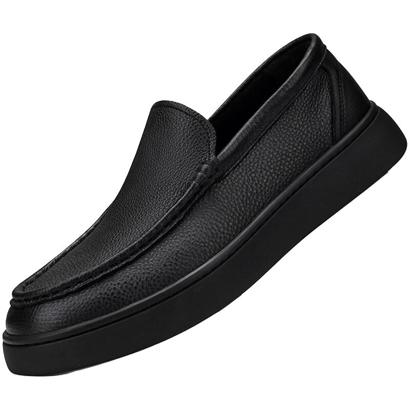 U7男鞋休闲一脚蹬真牛皮豆豆鞋时尚男士头层牛皮轻薄软皮透气皮鞋男 1818376黑色（牛皮） 41（标准皮鞋码）