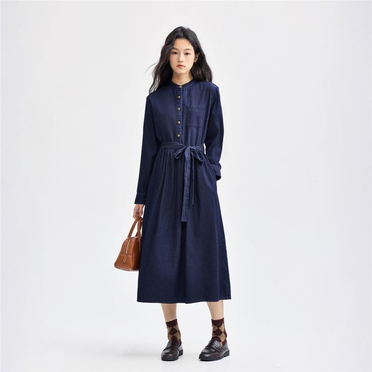 佐丹奴 纯棉牛仔衬衫裙秋冬绑带收腰中长款立领半开襟长袖衬衫连衣裙女款